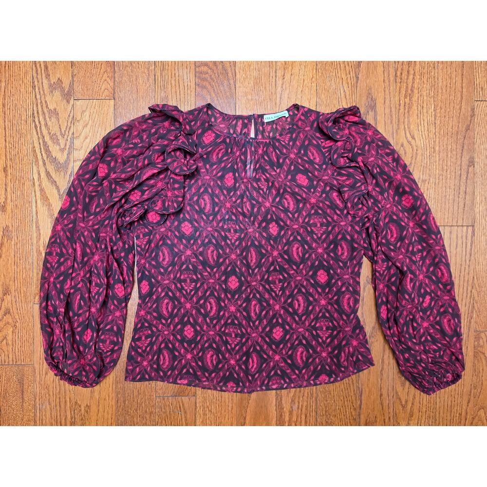 Ulla Johnson Medine Fuchsia Silk Printed Ruffled Long Sleeve Blouse Size 0 - Picture 10 of 11